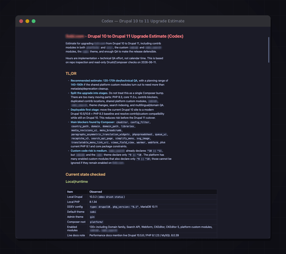 Codex estimat med TL;DR-sektion, stagingsplan och verifierad lokal miljö