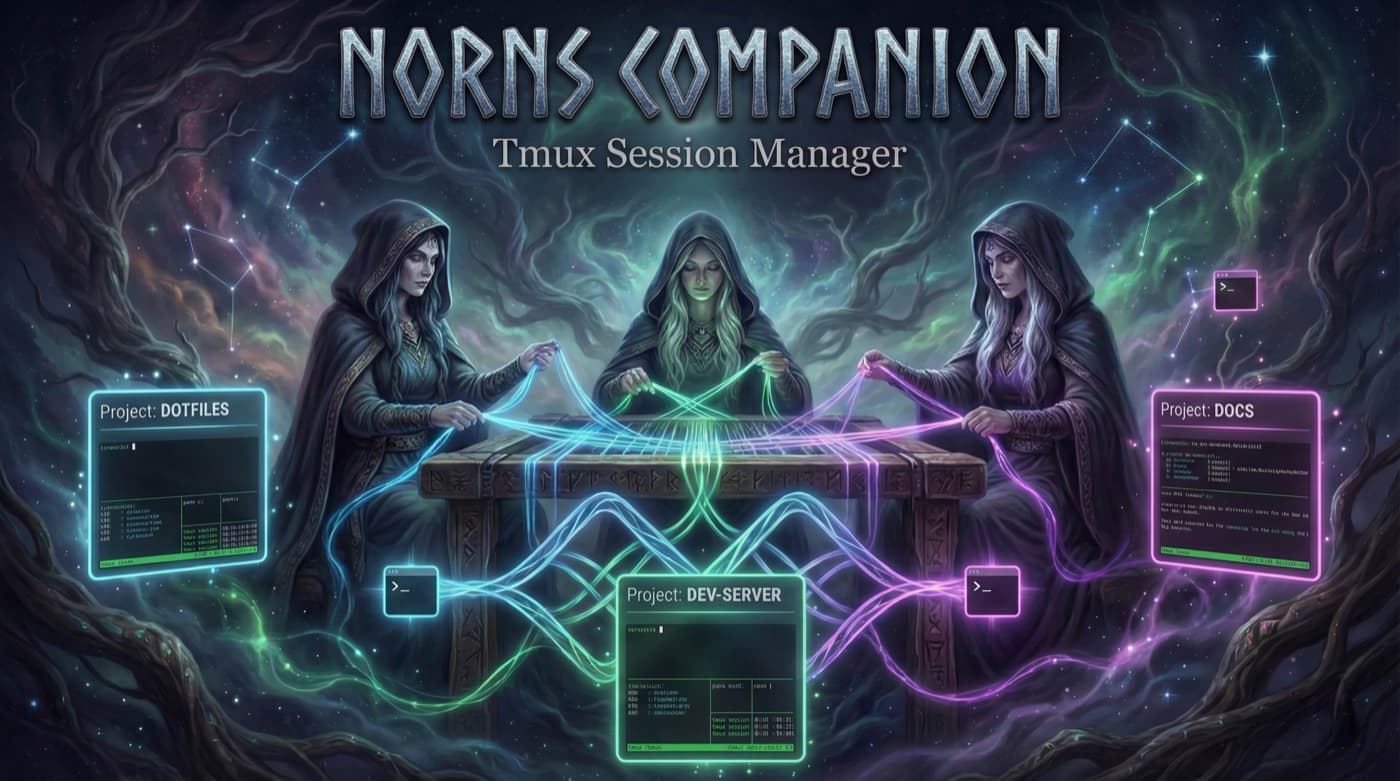 Projektets banner: tre nornor som spinner lysande trådar till varsin tmux-session