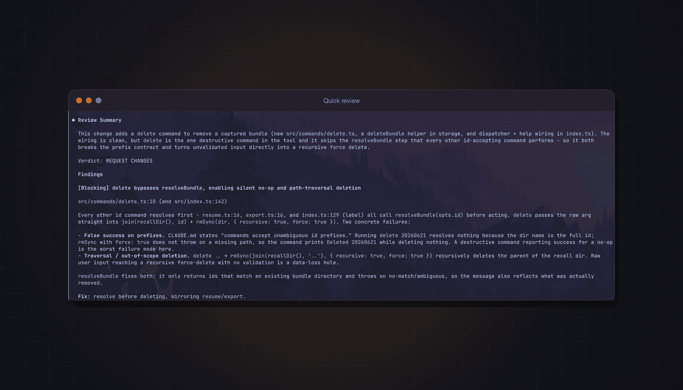 Claude Norns reviewar en delete-funktion och flaggar path traversal-risk
